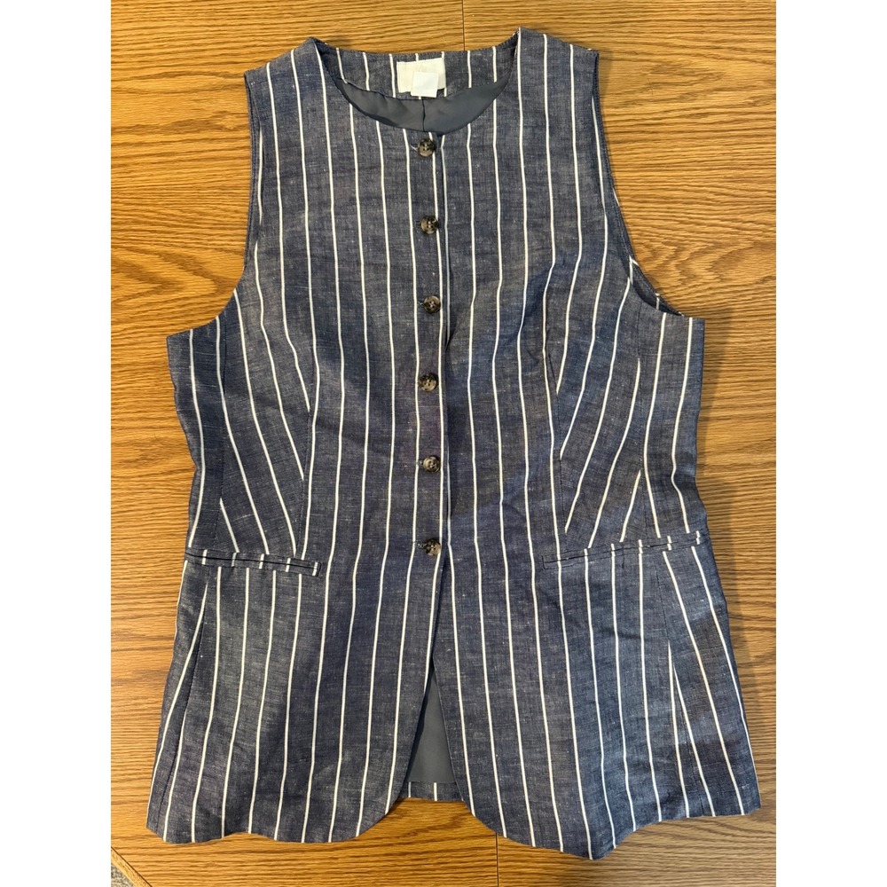 H&M Blue Denim White Pinstripe Linen Blend Longline Button Front Vest Women's M